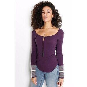 NWT Free People Purple Keyhole Scoop Neck Long Sleeve Mod Stripe Cuff Thermal